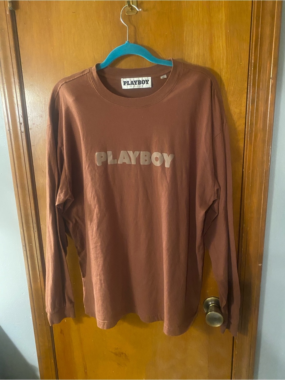 PLAYBOY by PACSUN Men's Long-Sleeve Crewneck Shirt in Brown with Logo